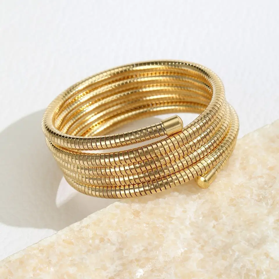 UILZ Multi-layer Coiled Stainless Steel Bracelet Minimalist Spring Stackable Wristband For Women Daily Wear Jewelry