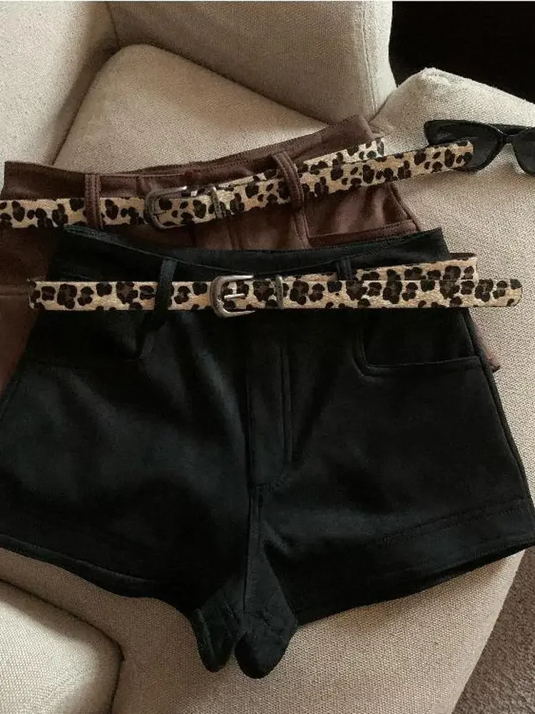 Fashion Women's Solid Color Leopard Print Belt Shorts High Waisted Wide Leg Short Pants Female 2025 New Autumn
