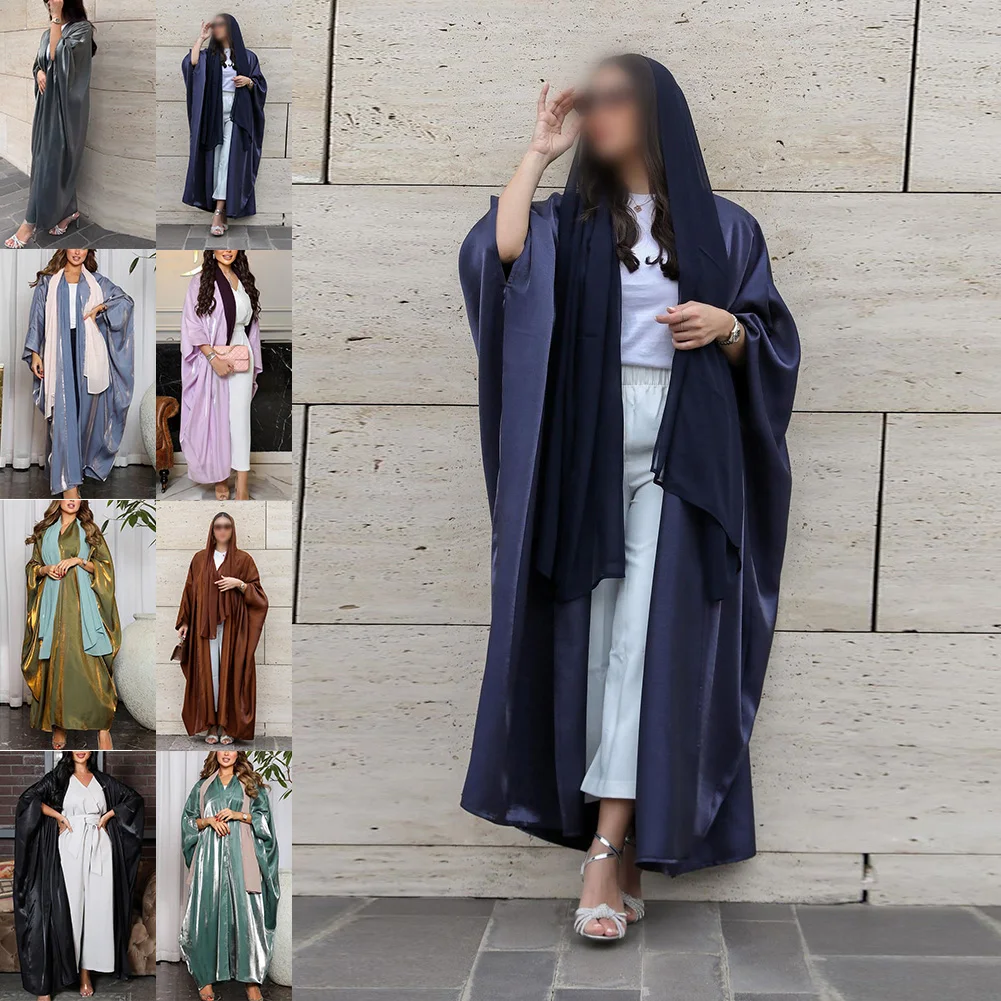 

Women's Eid Muslim Silk Satin Oversized Bat Sleeve Dresses Party Long Robe Women Fashion Dress Long Sleeve Solid Color