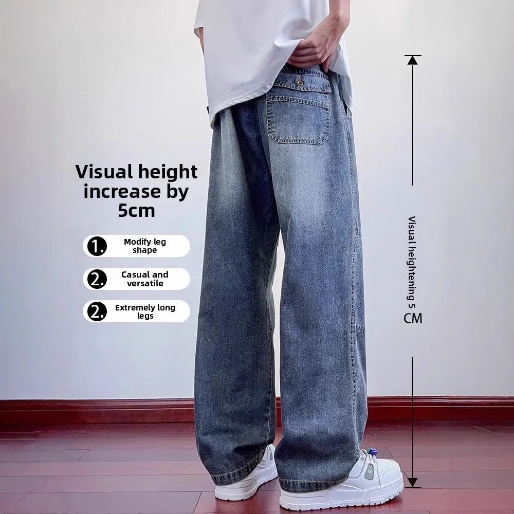 High Street Trendy Pleated Jeans Men's Summer New Loose Straight Teen Breathable Casual Straight Overalls