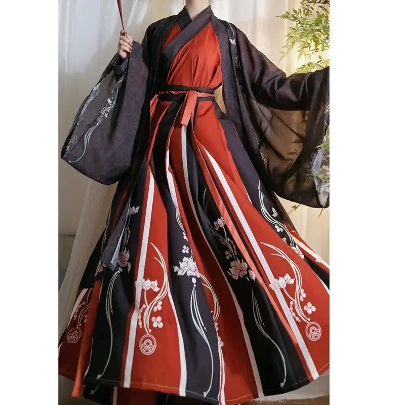 

Chinese Traditional Hanfu Dress Women&Men Carnival Cosplay Costume Ancient Print Hanfu Black&Red Set For Couples Plus Size XL