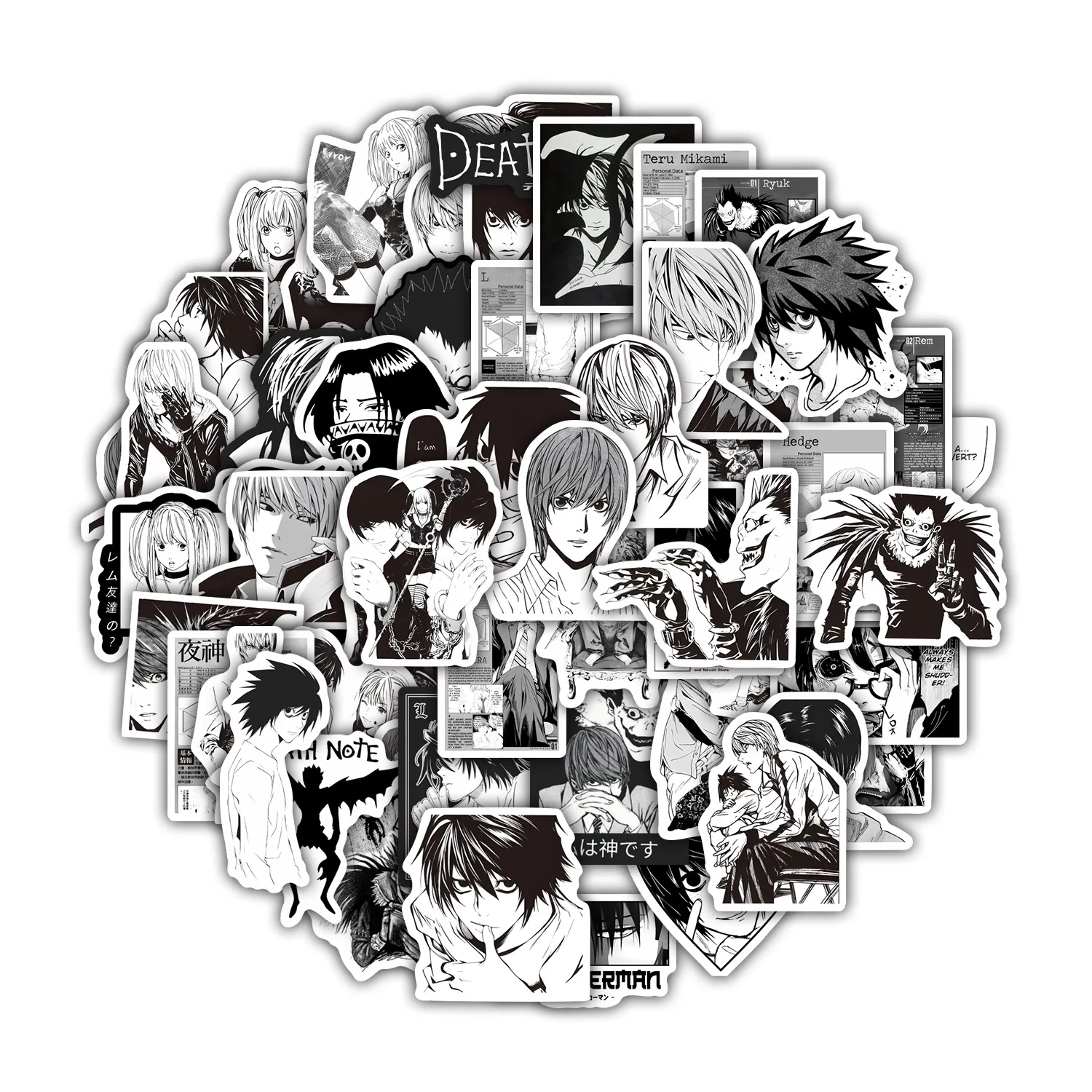 55pcs/set Black and White Death Note Anime Stickers for Journals, Stationery, and Waterproof PVC Stickers for Cups