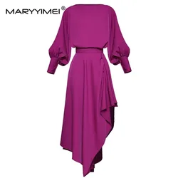 MARYYIMEI Fashion Designer Suit Spring Summer Women Lantern Sleeve Loose Tops+ Asymmetrical skirt Two-piece set