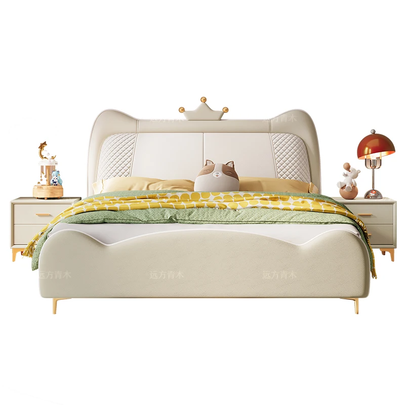 New Cream Wind Crown Children's Bed New Cat Ears Solid Wood Children's Bed Single Leather Bed