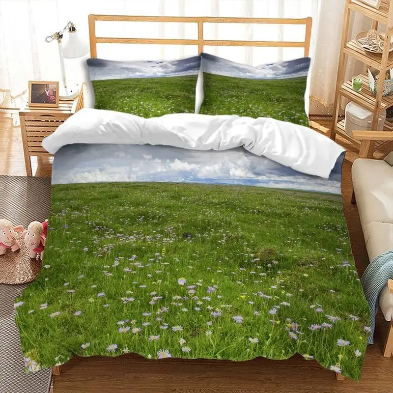 Meadow Duvet Cover Sky Clouds Spring Green Grass Bedding Set Twin Queen Size Natural Scenery Countryside Meadow Comforter Cover