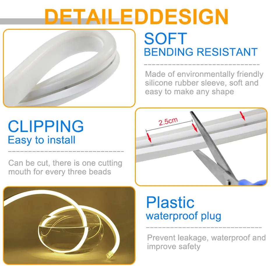 LED Neon Strip Light Touch Sensor Dimmable Led Tape Neon Lights 12V EU US Plug Flexible Ribbon Waterproof For Home Decoration