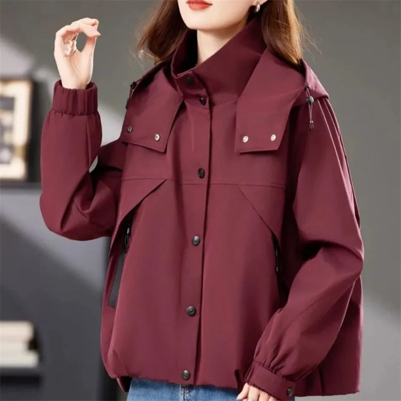 

Тренч женский, новинка 2025, корейский, весенне-осенний, с длинным рукавом и капюшоном, повседневная тонкая ветровка, женская верхняя одежда, пальто