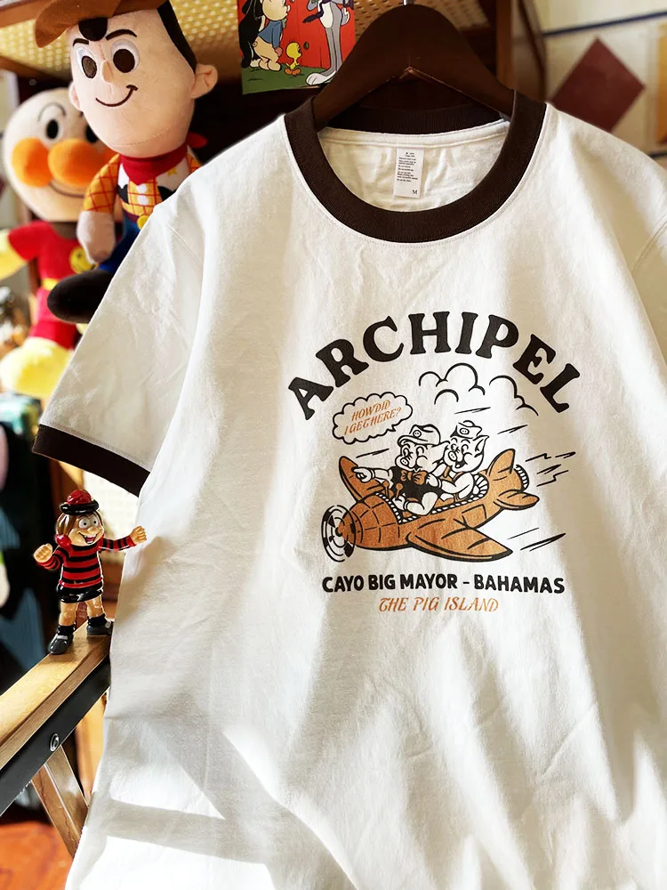 

American Retro Vintage Pig Flng Plane Color Blo Pure Cotton 265g Heavyweight round Ne Men's T-irt Couple's T-irt