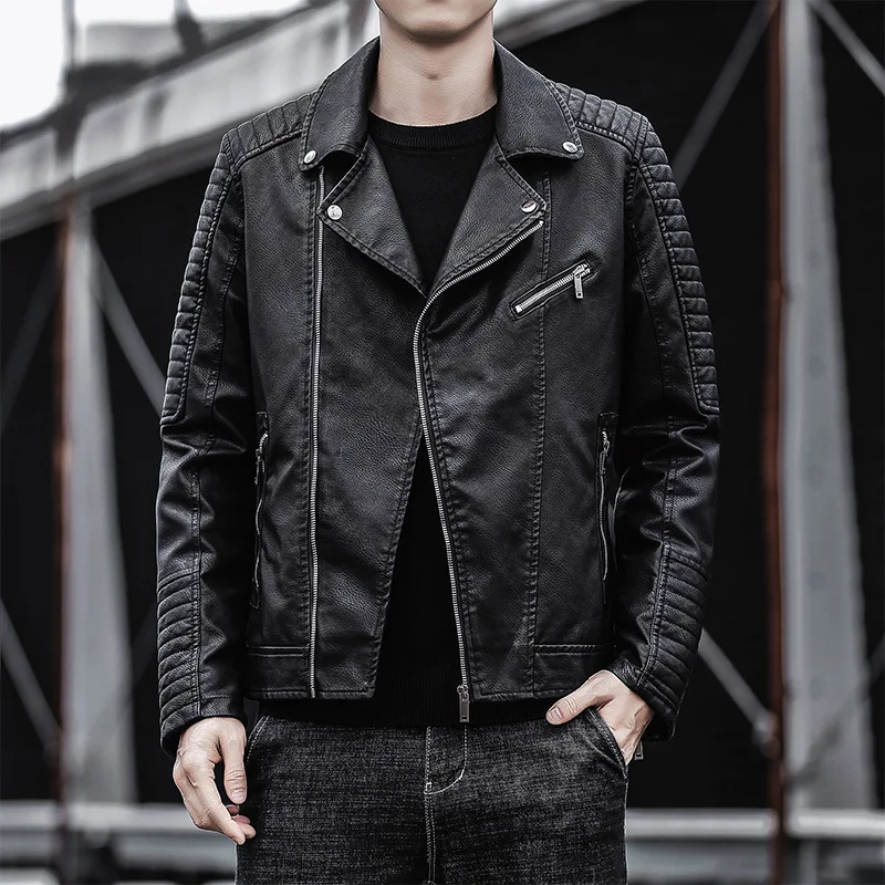 New Fashion Autumn Winter Men's Solid Color Turn-down Collar Zipper Casual Trendy Slim Faux Leather Jackets Male Coats Clothes