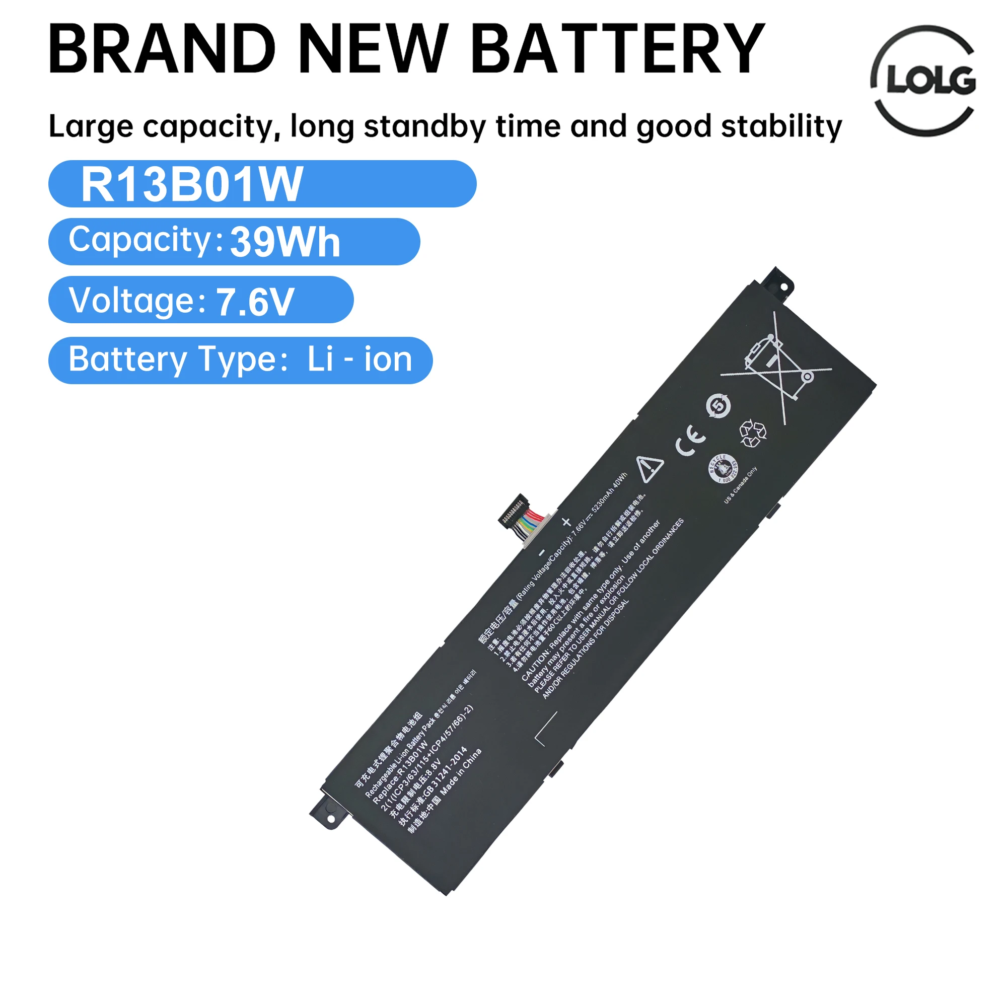 

7.6V 5230mAh New R13B01W R13B02W Laptop Battery For Xiaomi Mi Air 13.3" Series Tablet PC 39WH