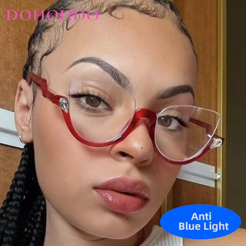 

Punk Luxury Rhinestone Decorate Half Frame Cat Eye Optical Eyewear Fashion Designer Computer Anti-Blue Light Men Women Glasses
