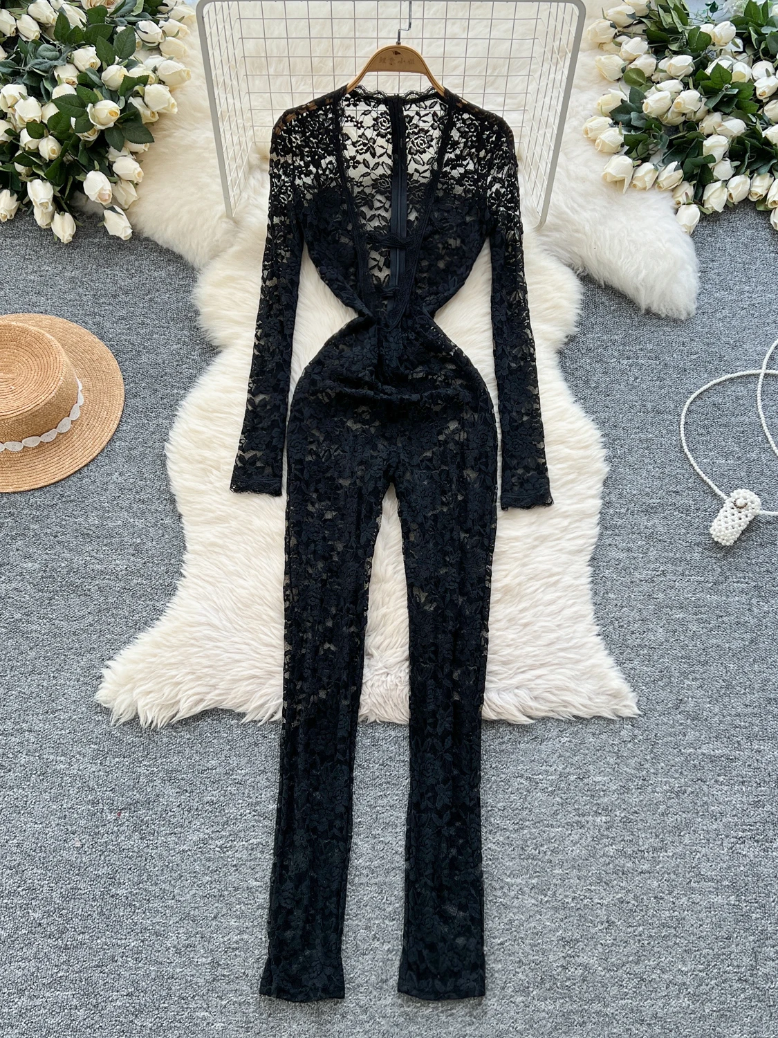

Foamlina American Women's Sexy Perspective Lace Jumpsuit Women's Pure Desire Black Lace Deep V-Neck Chest Shapewear Long Pants