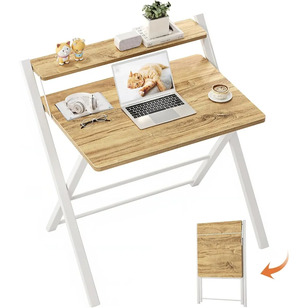 Portable 2-Tier Folding Laptop Desk with Storage Rack, Compact Space Saving Writing Table, Suitable for Home Office, Dormitory and Apartment, 27.3"L X 22"W, Oak Color