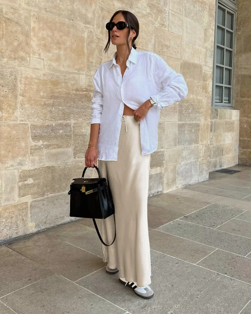2026 Spring Summer Solid Color Satin Long Skirt For Women High Waist Lace-Up Fashion Elegant Faldas Light Luxury Women's Skirt