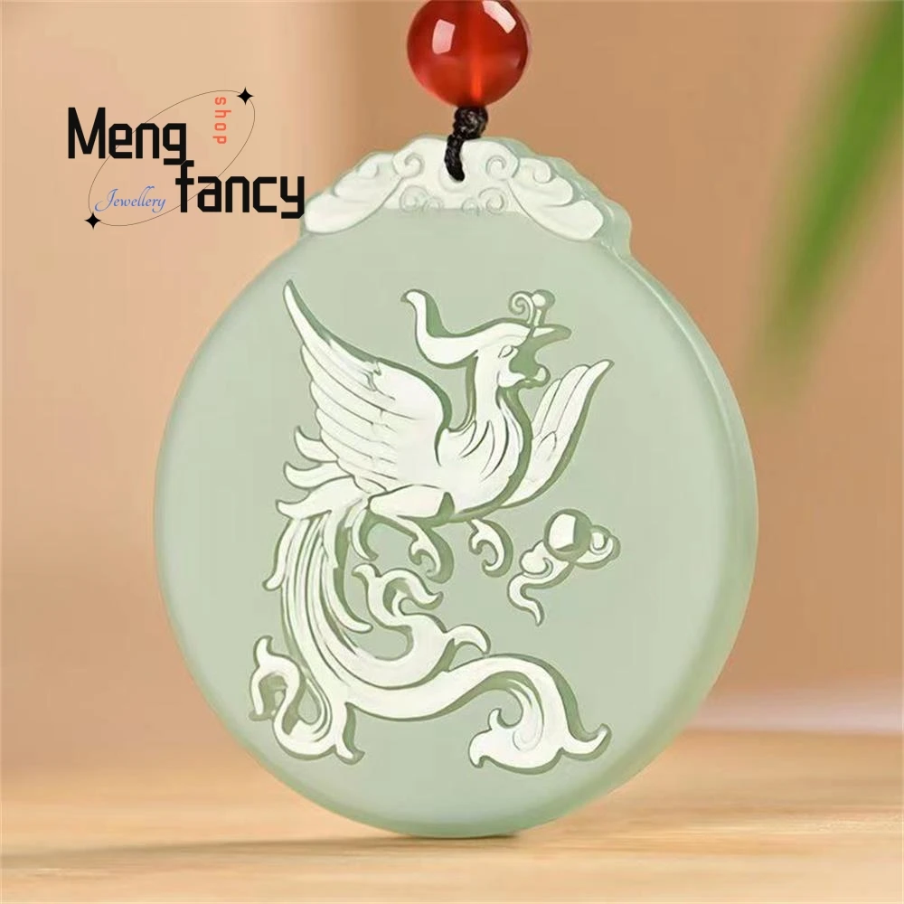 Natural Hetian Green Jade Dragon and Phoenix Plaque Pendant Zodiac Exquisite Elegant Simple High-grade Couple Fashion Jewelry