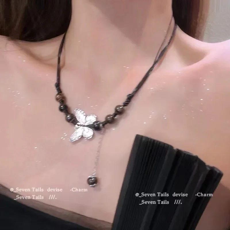 New Chinese National Style Ceramic Butterfly Necklace for Women Simple Retro Style Clavicle Chain image 6