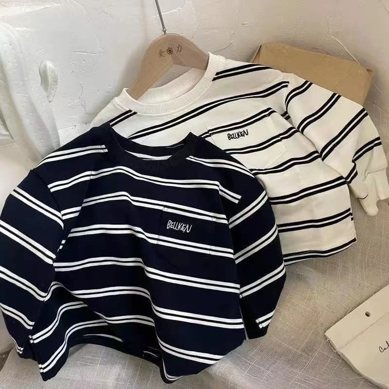 Korean Version Children\'s Cotton Bottom Shirt Baby Minimalist Striped Embroidered T-shirt Boys And Girls striped Cotton Top Kids