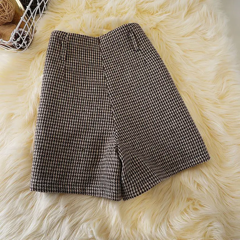 New Houndstooth Pattern Shorts for Women Autumn New High Waist Tweed Bottoms 2024 Fashion All-match A-line Wide Leg Shorts M49