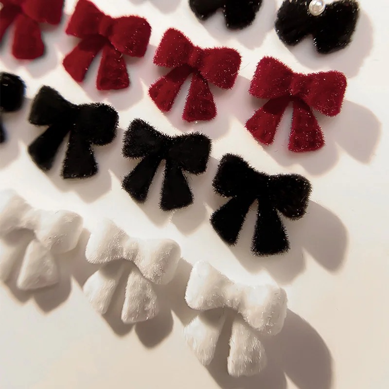 Red Plush Bow Tie Bowknot Ribbon Winter Nail Art Decorations DIY Manicure Accessories Sweet Luxury Decoration Black White
