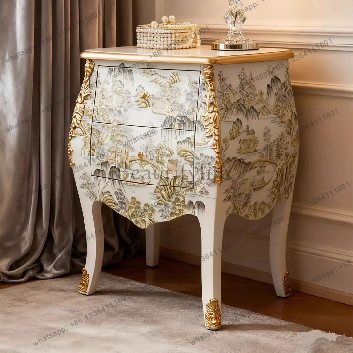 

New Chinese painted landscape bedside table classical engraved gold foil decorative solid wood locker