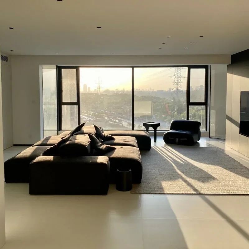 Italian Minimalist Double-sided David Island Sofa, Black Microfiber Leather Tofu Sofa