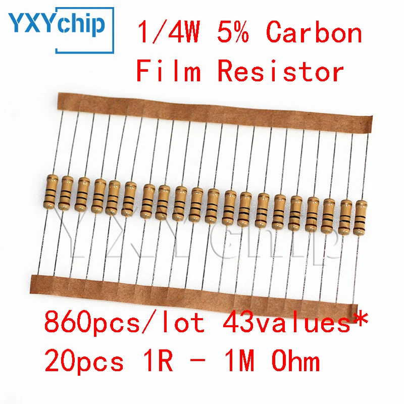 

860pcs/lot Carbon Film Resistor Kit 1/4W 5% Resistors Assorted Kit Set 43values*20pcs Resistance 1R - 1M Ohm 0.25W Resistor Pack