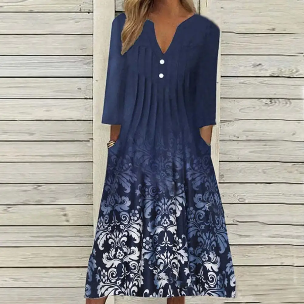 Midi Kleid Drei Viertel Ärmeln Frauen Kleid Große Saum Blume Sommerkleid