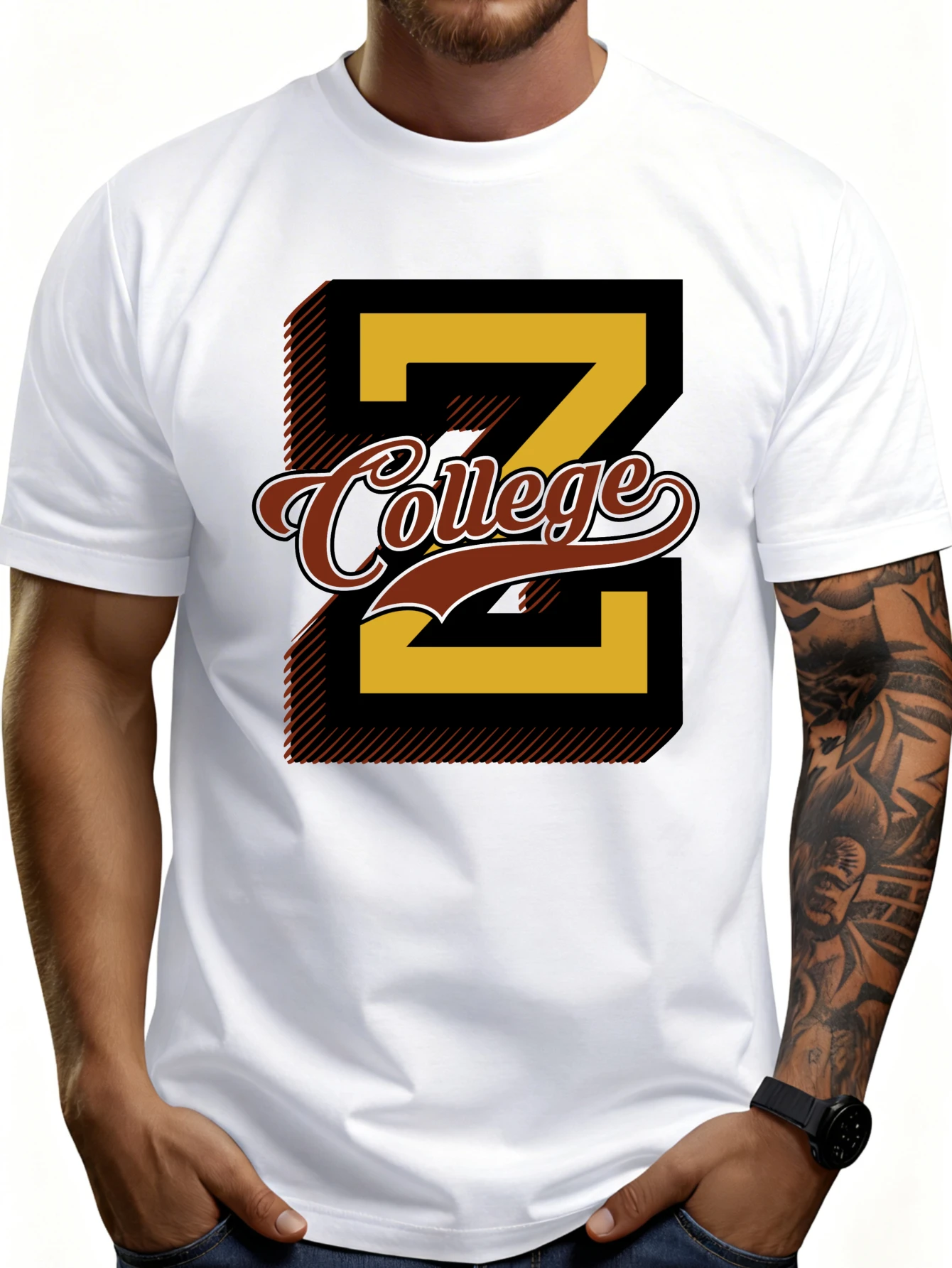 Casual College-Style Men's T-Shirt with Letter Z and Collegiate Font Design, Suitable for Everyday Wear and Showcasing School Spirit, the Perfect Gift for Students and Graduates.