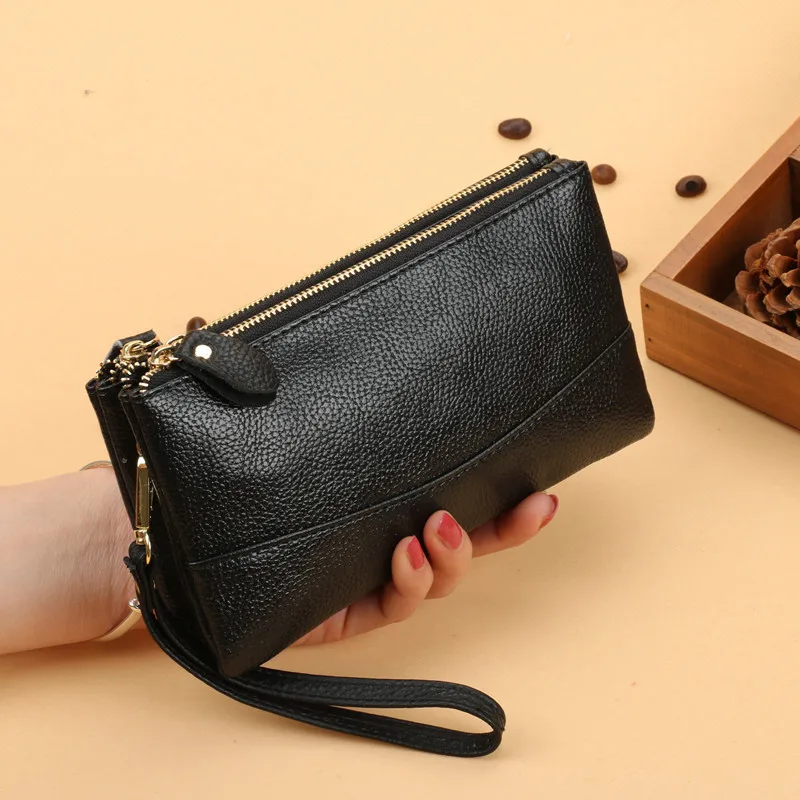 Fashion Women Clutch Wallet PU Leather Double Zipper Money Purse High Capacity Female Mobile Phone Clutch Purse with Wrist Strap