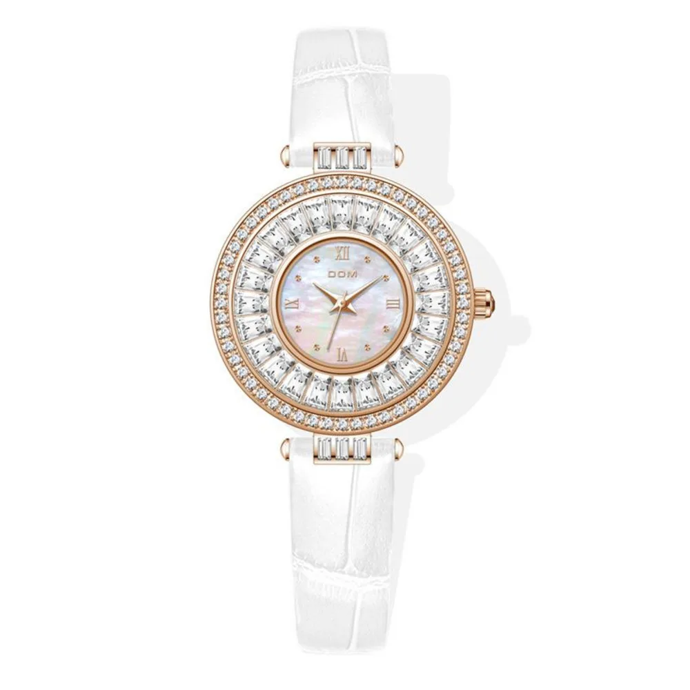 

DOM Brand Ladies Casual Quartz Unique Fashion Ultra-Thin Diamond Craft Simple Watch Leather Watch For Women Life Waterproofing