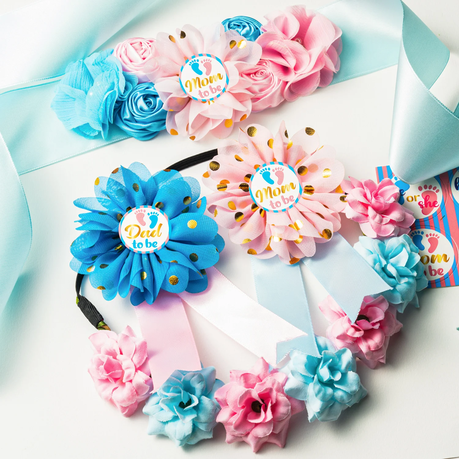 Gender Reveal Party Decoration Baby Shower Decoration maternity Blue Pink belt brooch flower costume Photo shoot Prop Tips Belt