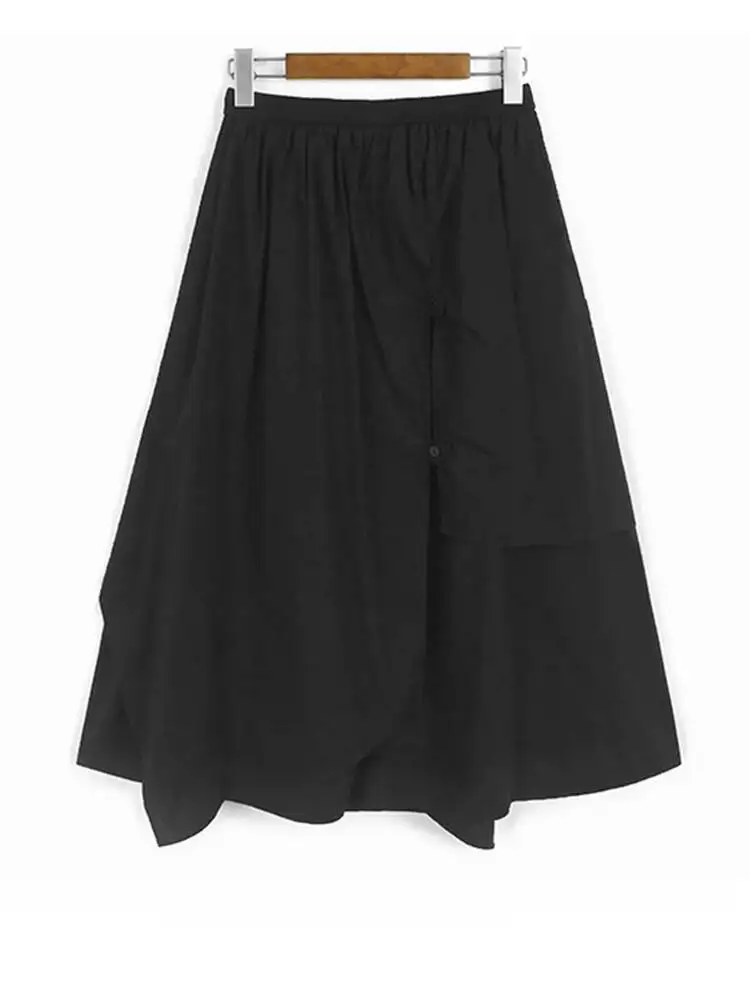 

High Elastic Waist Coffee Button Irregular Splice A-line Half-body Skirt Women Fashion Tide New Spring Autumn
