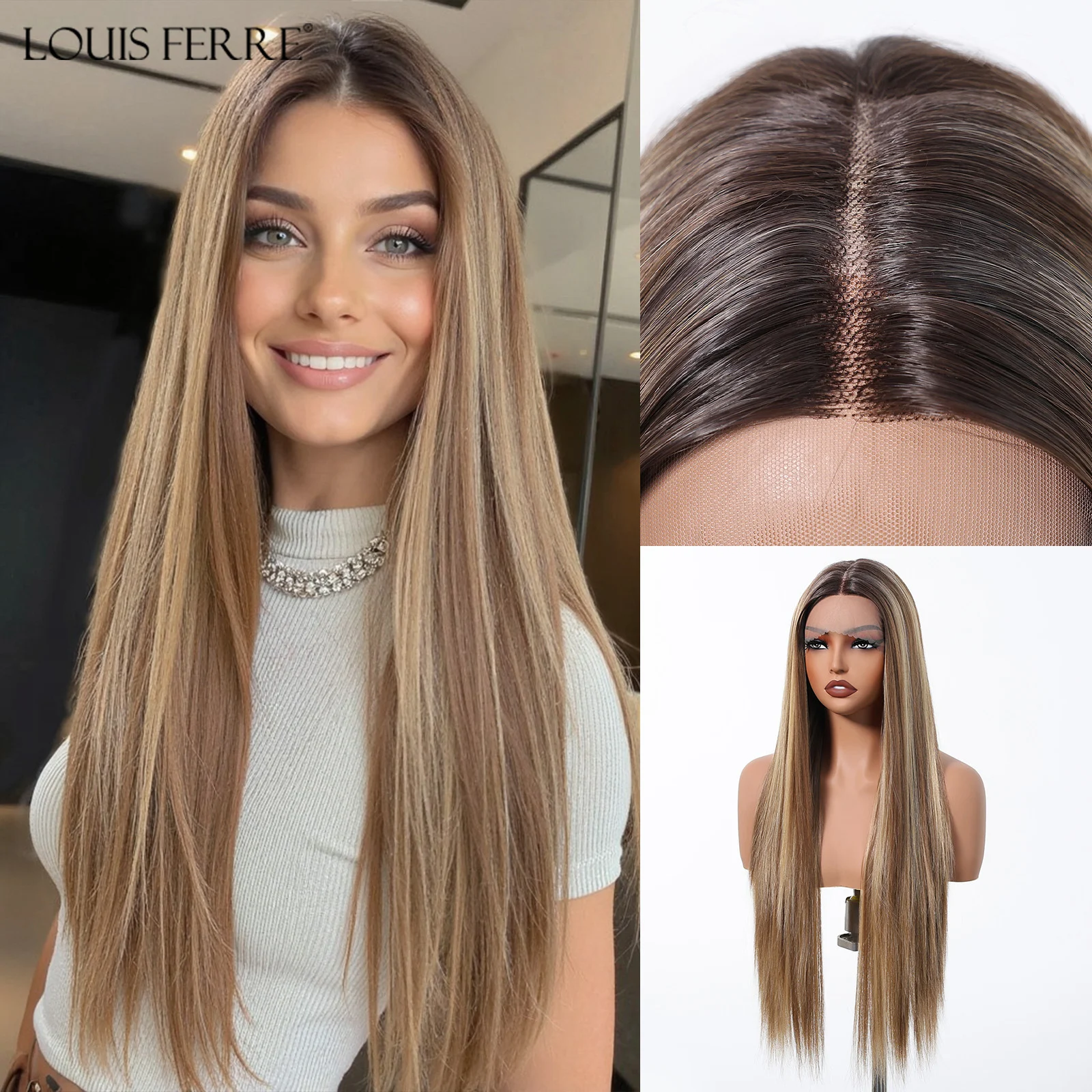 

LOUIS FERRE Brown Blonde Highlights 5*1 T Part Lace Wig For Women Daily Cosplay Long Straight Synthetic Wig Heat Resistant Fiber