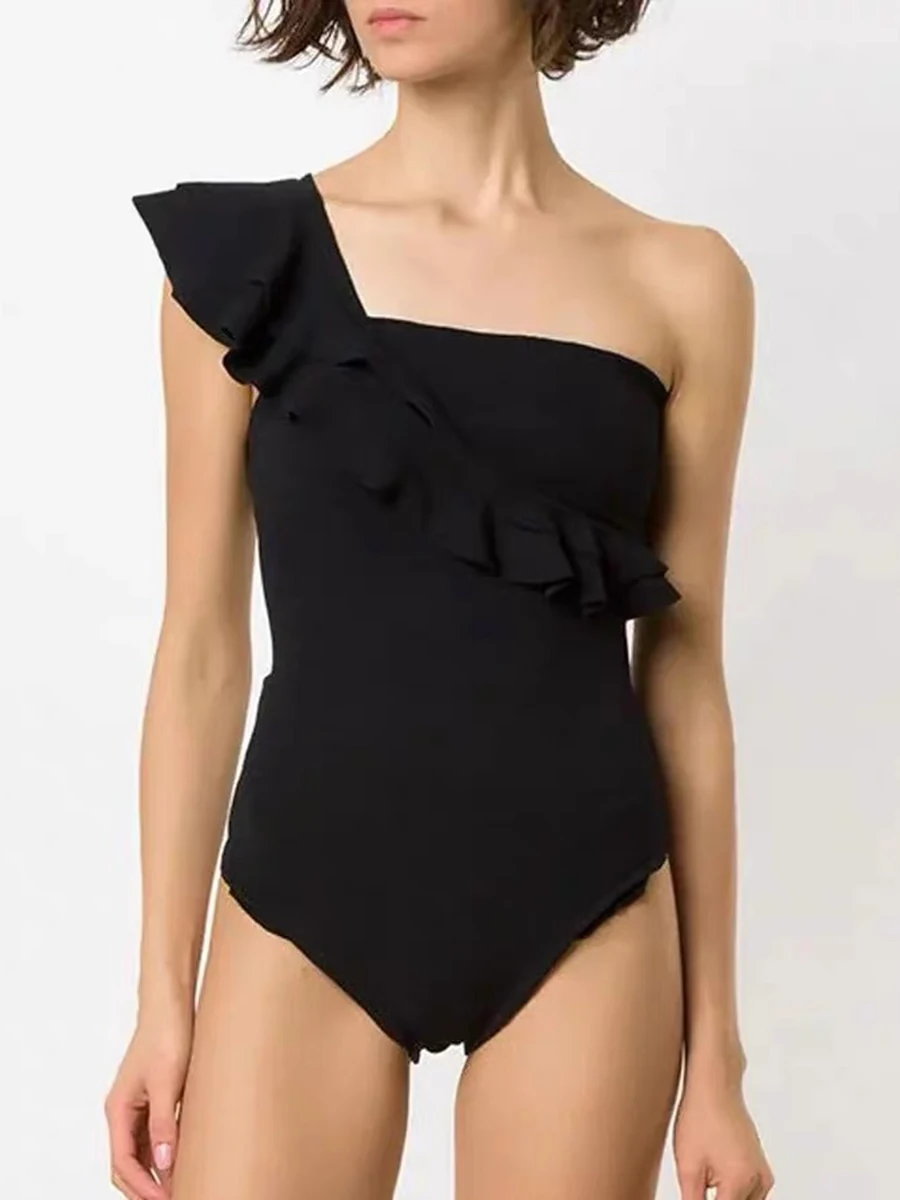 

2026 One Shoulder Frill Solid Swimsuit Women One Piece Swimwear Female Beachwear Bathers Bathing Swimming Swim Suit
