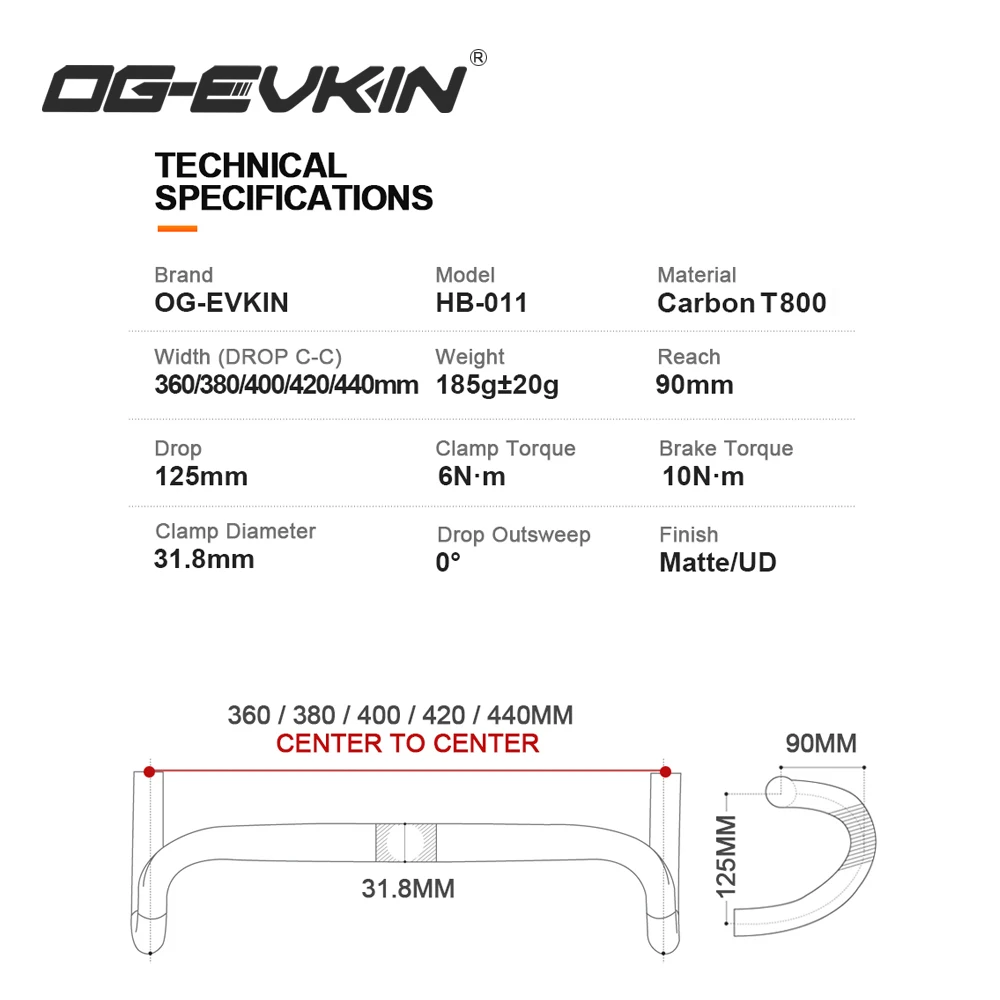 OG-EVKIN HB-011 Carbon Handlebar Road Bike Drop Bar Bicycle Handlebar Road Bike Handlebar 31.8MM 380/400/420/440MM Bicycle Part