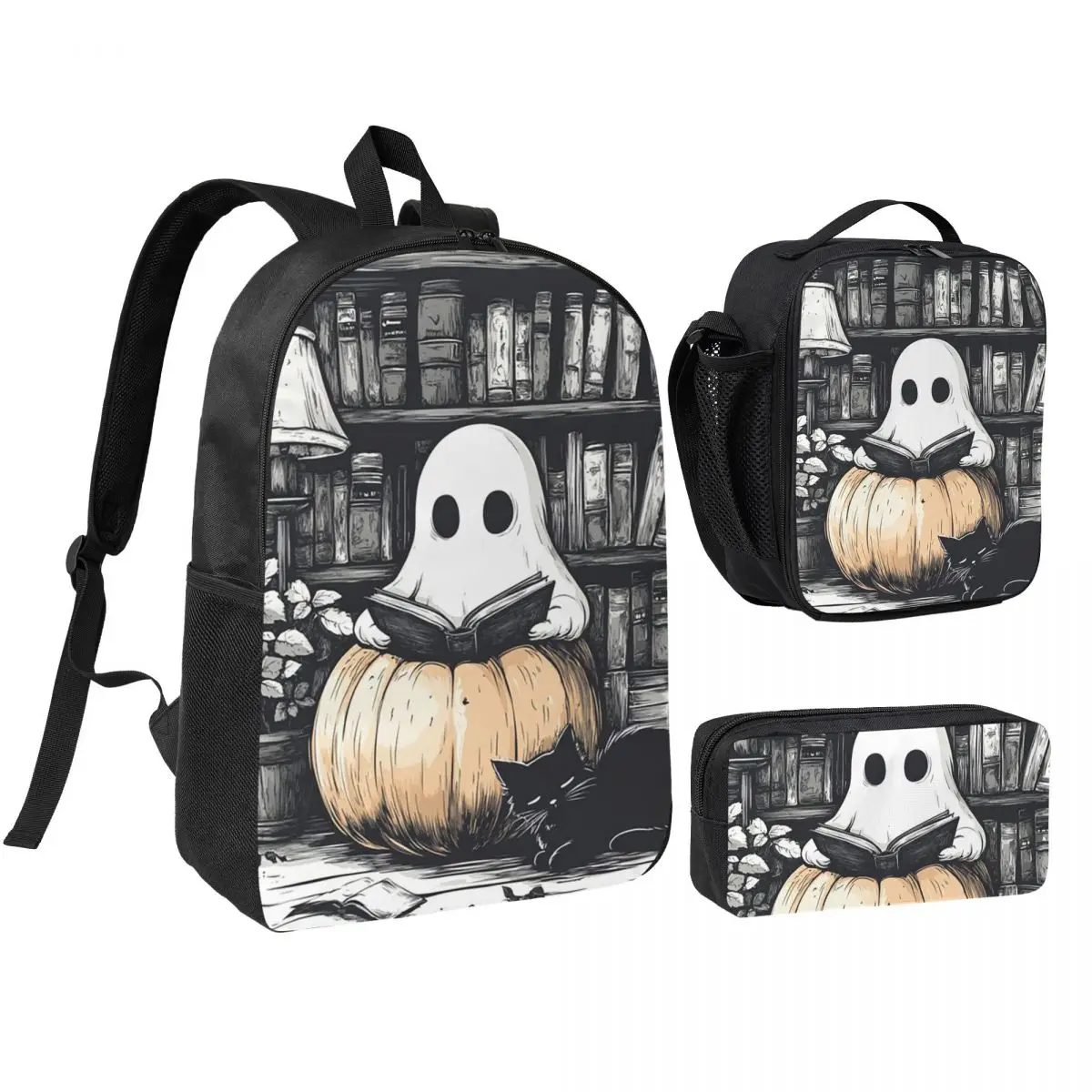 Cute Ghost Reading Books Design Backpack Student BookBag School Bag Shoulder Bags 3ps Insulated Lunch Bag Pencil Case