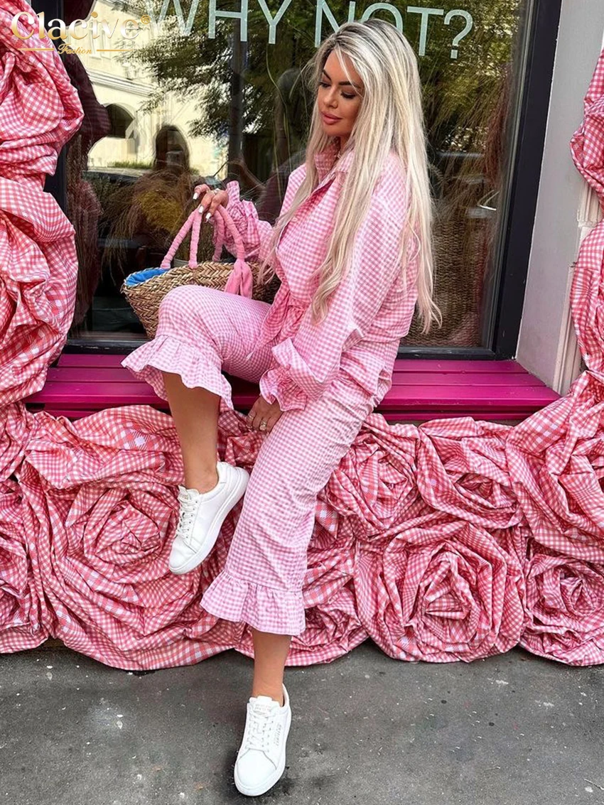 Clacive Fashion Loose Pink Plaid 2 Piece Set Woman Outfit 2025 Elegant Long Sleeve Shirt With High Waist Ruffle Pants Set Female