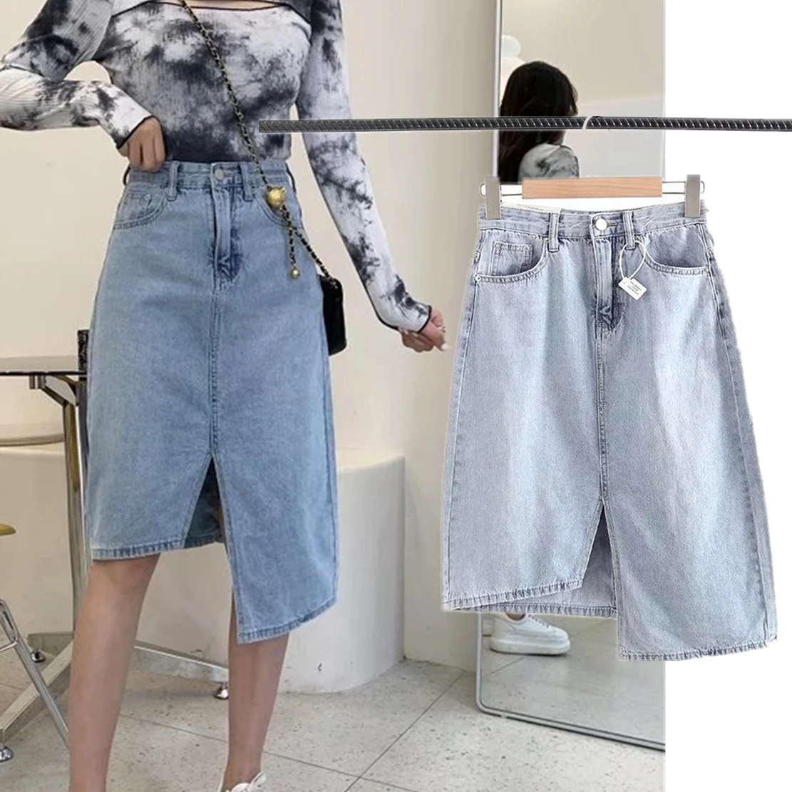 Dave&Di  High Street  Blogger High Wasit Vintage Wash Asymmetric Denim Fashion Skirt Women