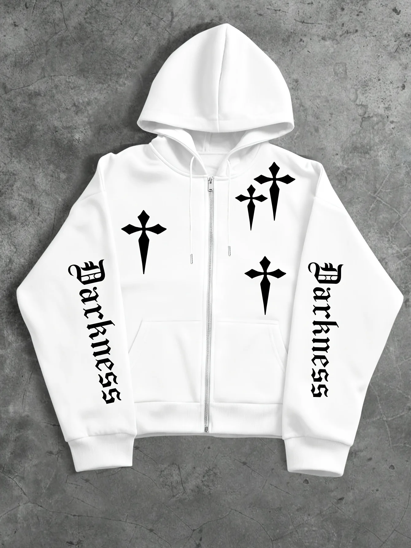 Langärmelige, lockere Sweatshirt-Jacke mit Reißverschluss für Damen und Herren, mit Buchstaben- und Kreuz-Prints, aus warmem und bequemem Stoff. – Detail 2