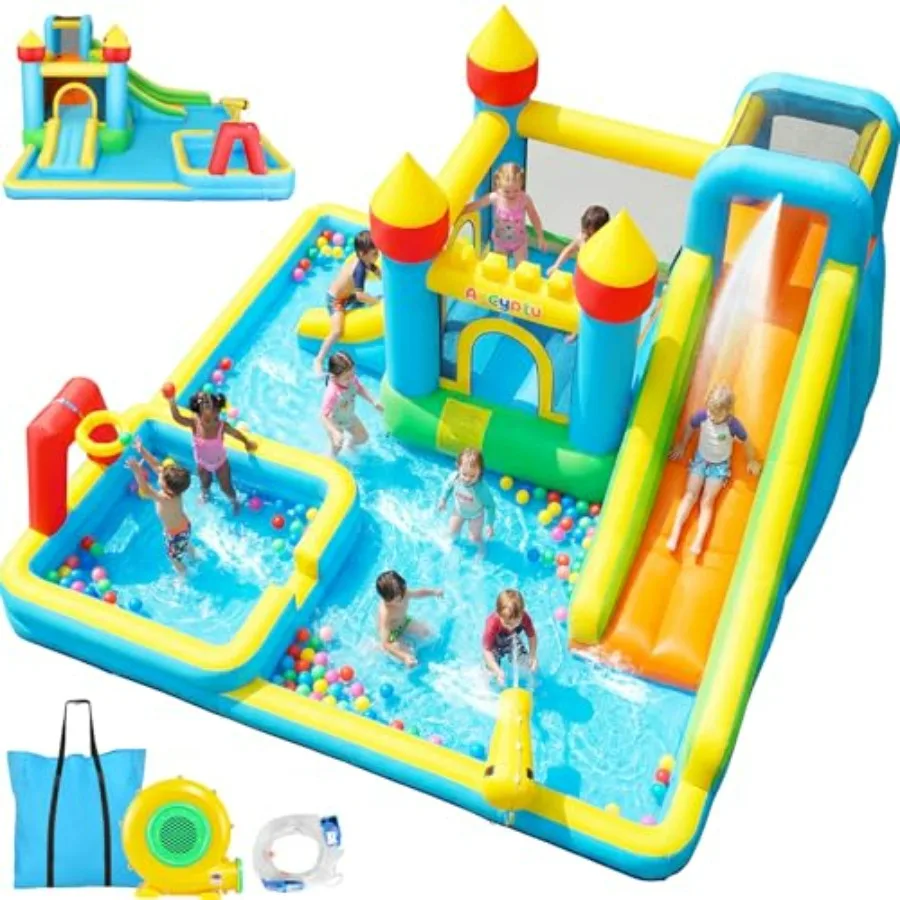 Backyard inflatable water slide bounce house for kids aged 3-10, PVC material, blue and yellow, 11-in-1 design with long slide,