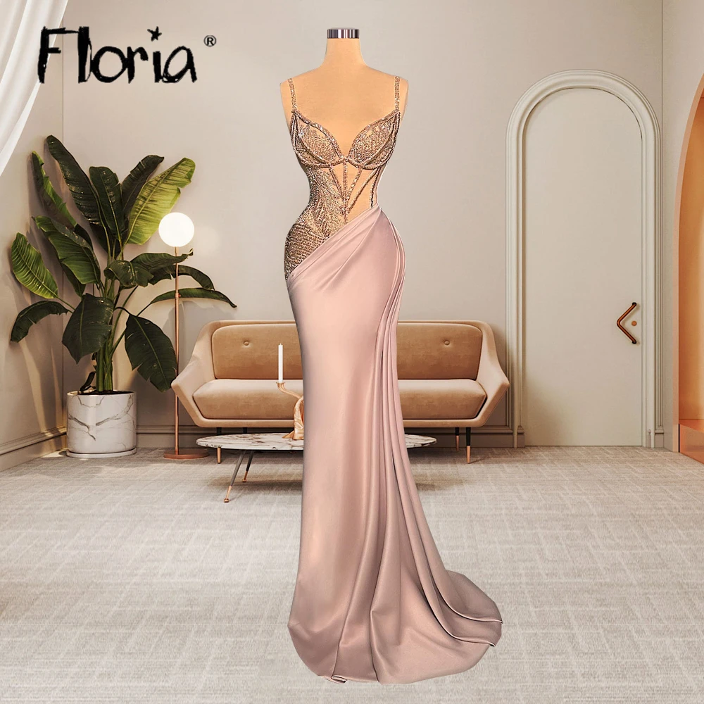 2023 Spaghetti Straps Party Dress Pink Full Beaded Formal Prom Gowns For Women Luxury Celebrity Gown Evening Dress Custom Made