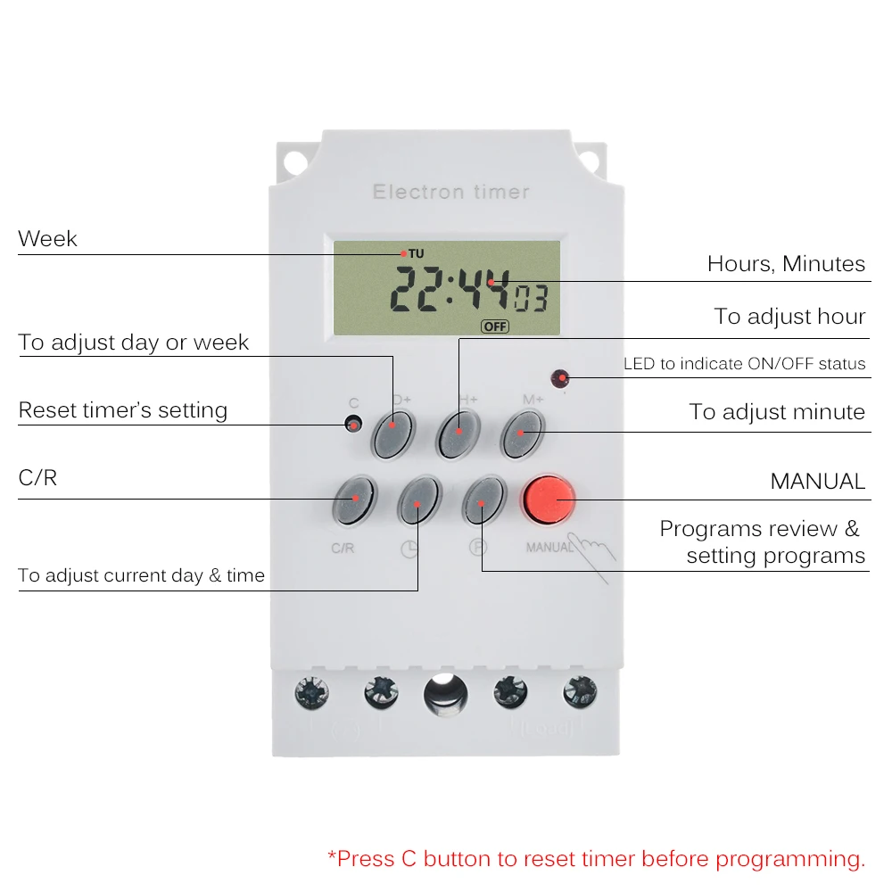 AC 220V 25A Digital Programmable Timer Din Rail Electronic Timer Time Switch Controller with LCD Display Clock Outdoor Tools