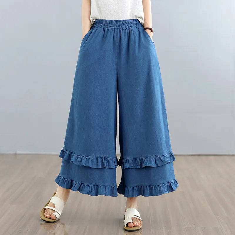 Women Ruffled Edge Wide Leg Jeans Summer Fashion Elastic Waist Solid Color Simple Basic Thin Loose Casual Cropped Denim Pants