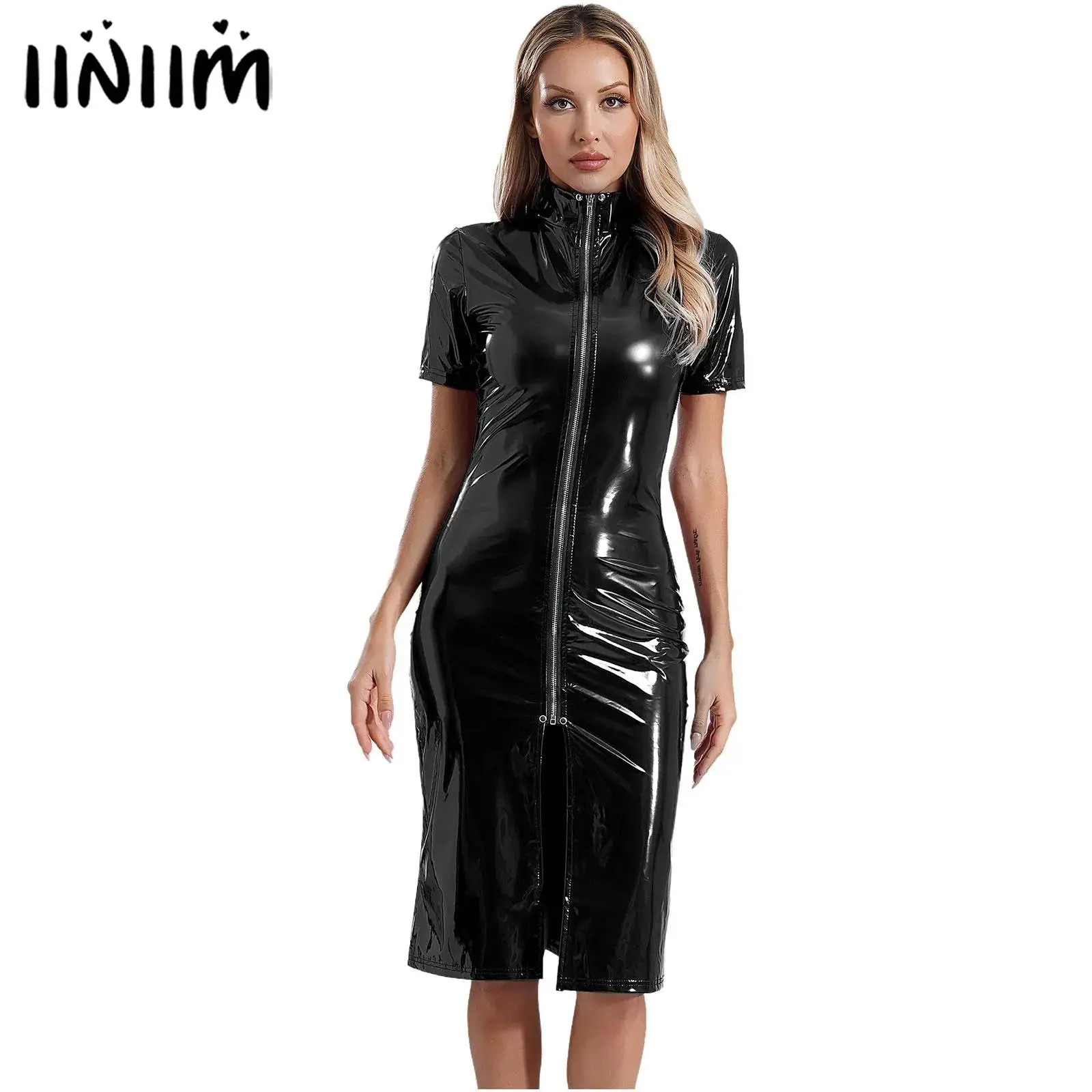 

Womens Wet Look Patent Leather Bodycon Dress Clubwear Latex Jacket Dress Stand Collar Short Sleeve Front Zipper Split Dress