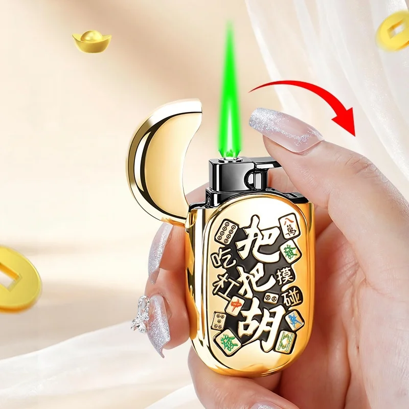 Mahjong Theme Refillable Gas Lighter Golden Glossy Metal Embossed Pattern Chinese Fortune Collectible Men Gift