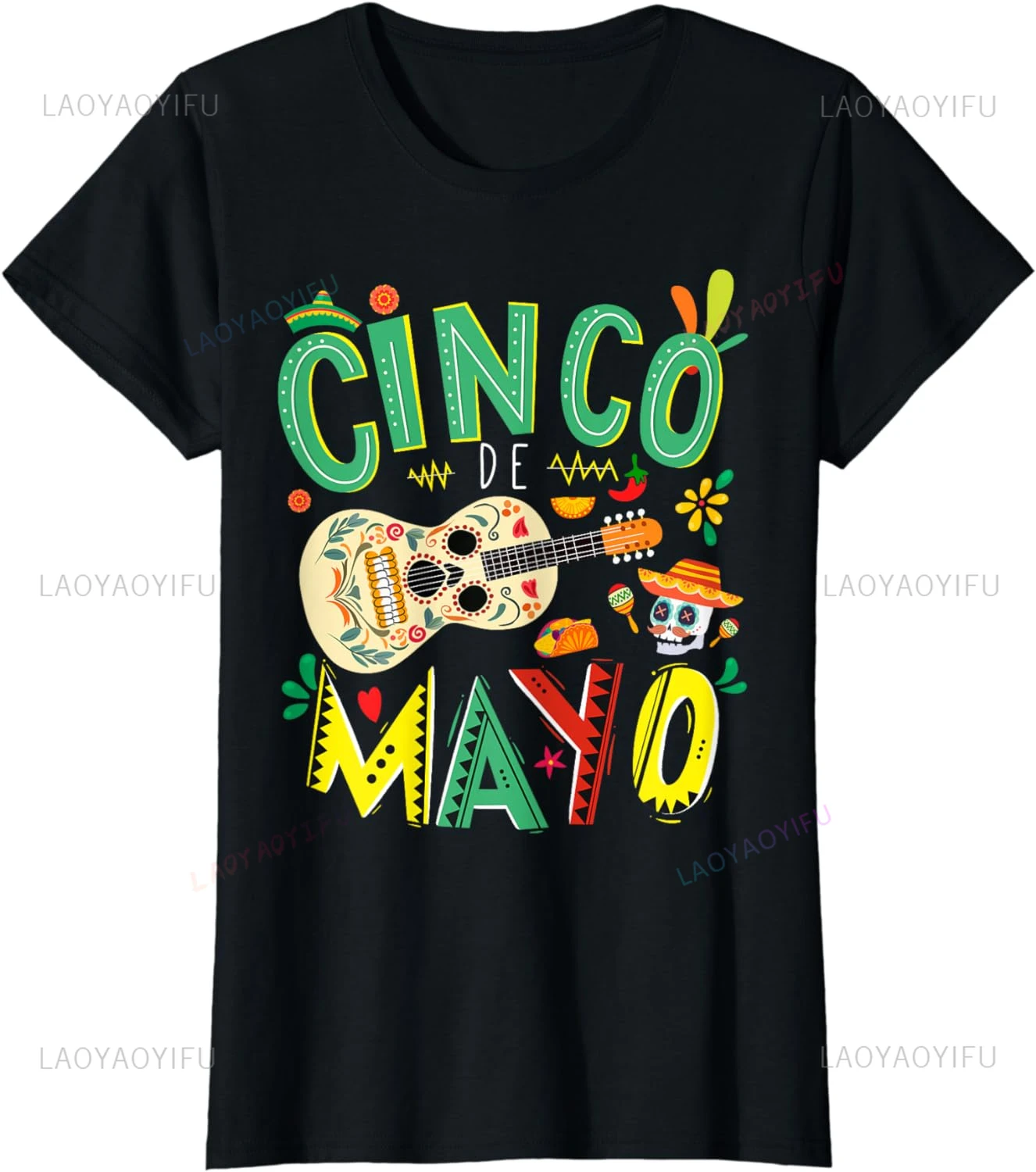 Funny Summer Tops Cinco De Mayo Guitar Mexican Taco Fiesta Squad De Mayo Cotton T-Shirt Man Women O-neck Short-sleev Casual Tees