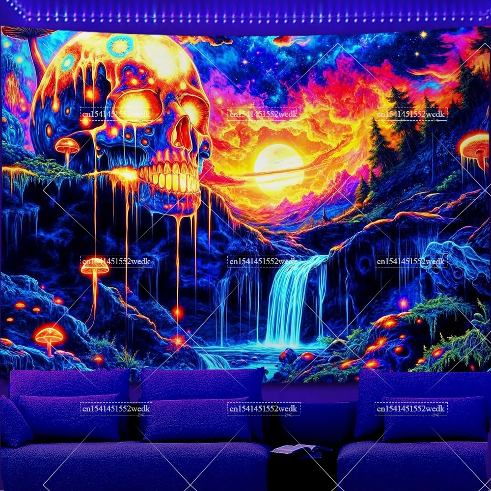 Blacklight Skull Waterfall Tapestry UV Reactive Butterfly Mushroom Black Light Tapestry Glow In The Dark Neon Tapestrys Posters