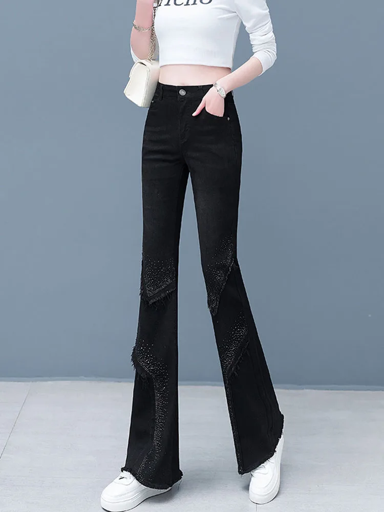 Perlen Streetwear Bootcut Jeans Damen Casual High Waist Retro Denim Hosen Fransen Breite Beine Vintage Mode Vaqueros