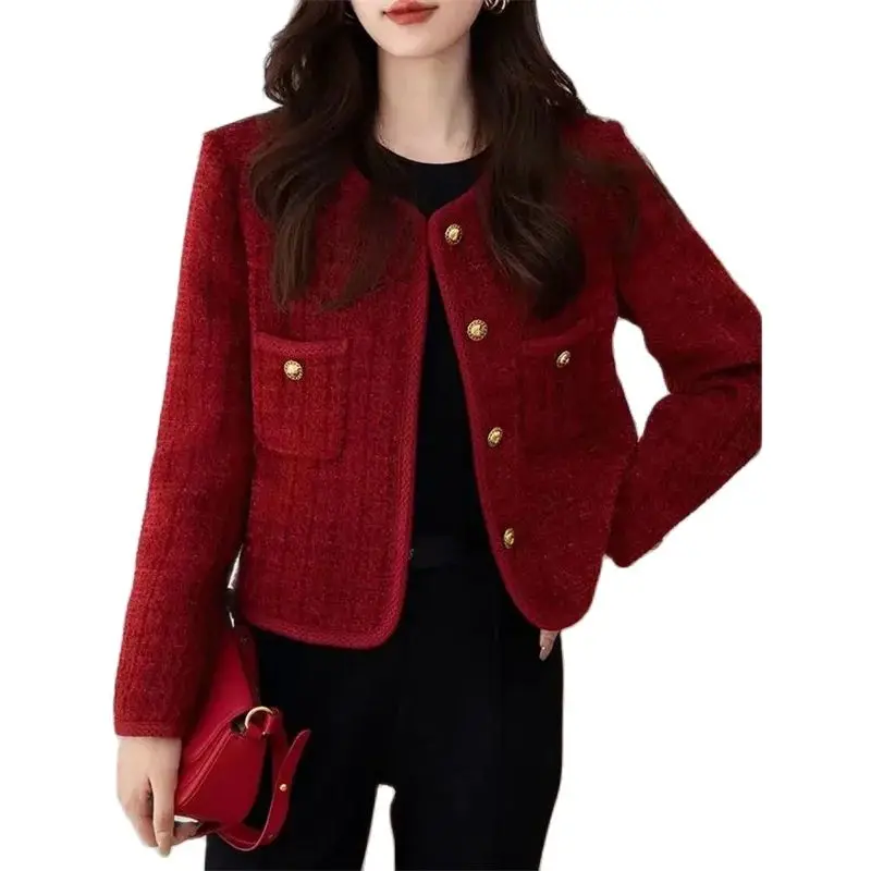 Women\'s Jacket 2024 Spring Autumn New Red Tweed Small Fragrance Coat Short Blazers Korean Fashion Elegant Female Tops Outerwear