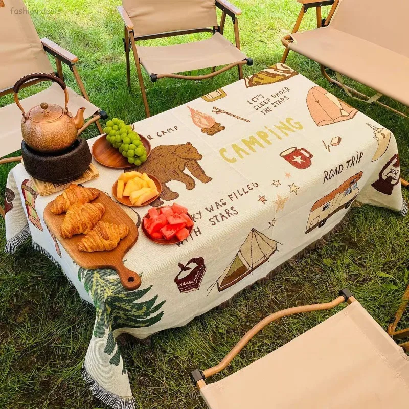 

Camping Bear Jacquard Throw Blanket with Tassels Outdoor Picnic Mat Woven Sofa Cover Camping Tapestry Multi-use Throw Home Decor